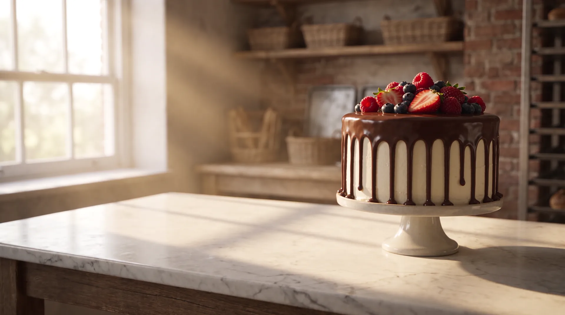 A layer cake with white buttercream, dripping chocolate ganache and fresh berries on a cake stand